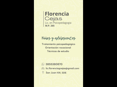 Profesionales  Florencia G. Cejas. Lic. en Psicopedagoga. M.P: 265